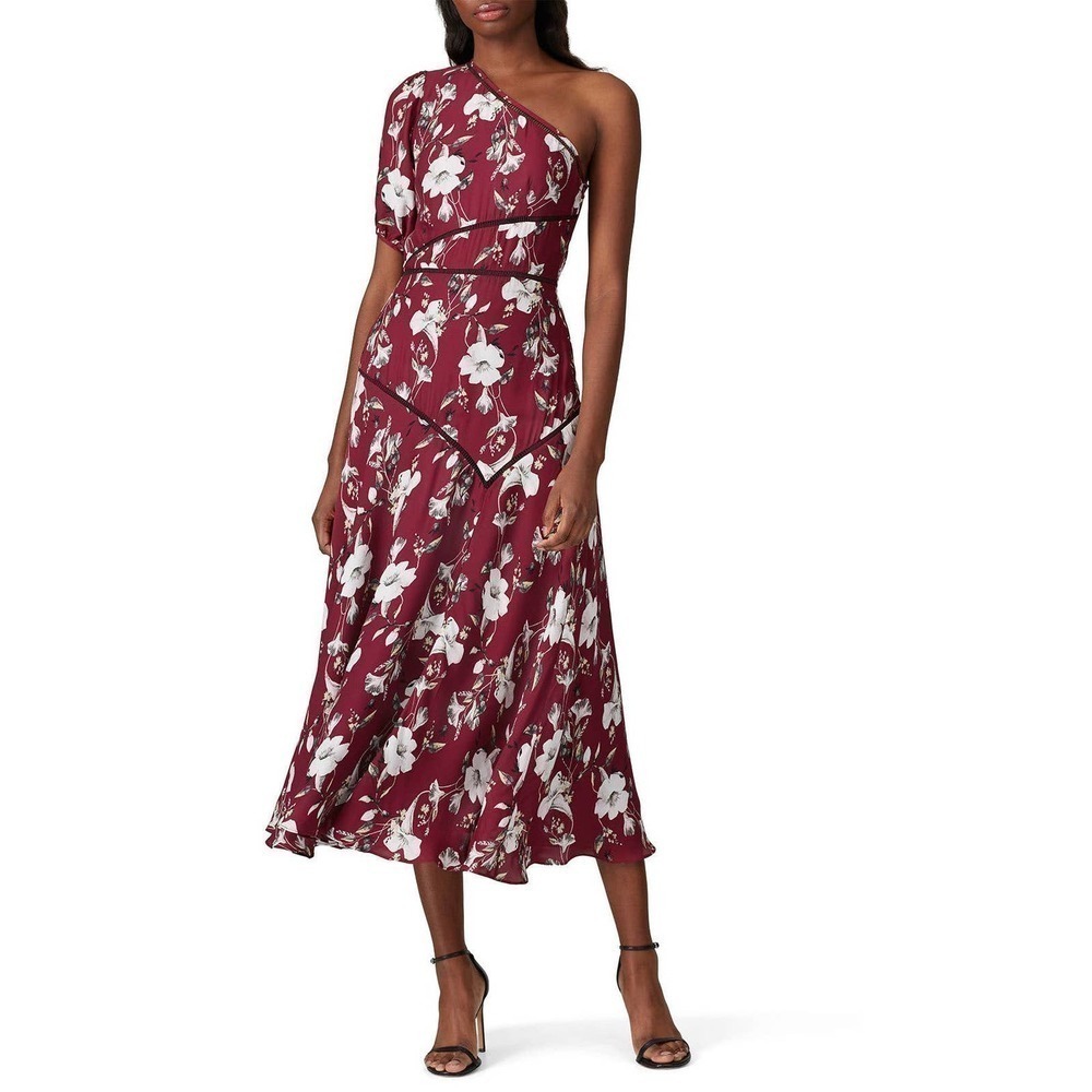 La Maison Talulah Cannes Burgundy Floral Print One Shoulder Midi Dress Size M